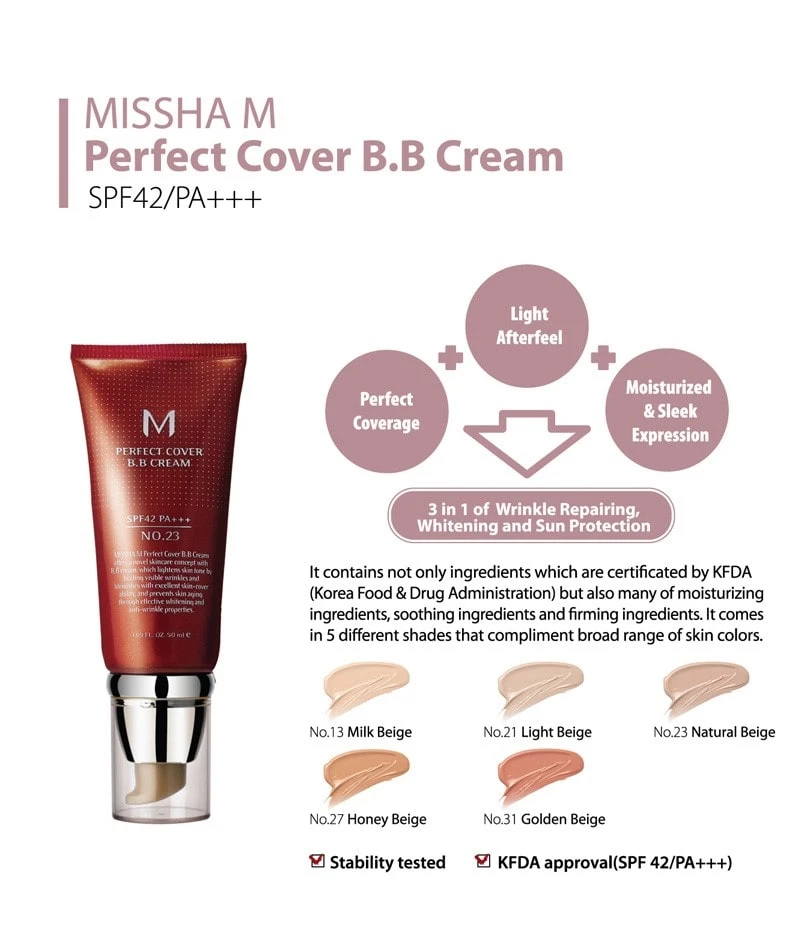 M Perfect Cover BB Cream SPF42 PA+++ 7 Colours (50ml) 4 M Perfect Cover BB Cream SPF42 PA+++ 7 Colours (50ml) - Image 2